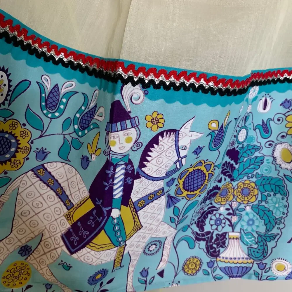 Vintage 60s Sheer Yellow Half Apron Folk Art Scandinavian Blue Hem OSFM